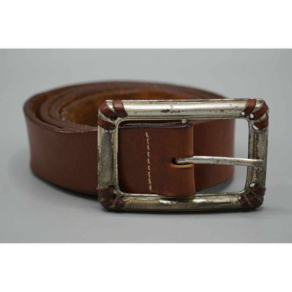 Vintage‎ Brown Leather Belt with Whipstitch Detail Silver Buckle Distressed